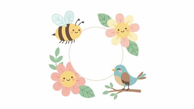 cute circular frame with smiling bee, blue bird and happy flowers. spring nature border illustration with copy space. baby shower invitation, nursery greeting card design.