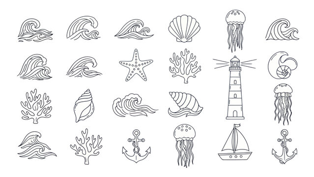 Nautical Icons Set: Waves, Seashells, Jellyfish, Lighthouse, Anchor, Sailboat, Coral