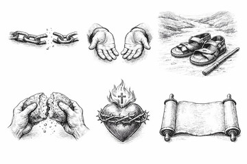 Christian Passion and Sacred Heart Sketch Symbols