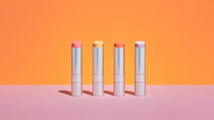 Obraz premium Stylish lipstick tubes arranged in a row against a vibrant orange background, showcasing various shades in a modern beauty presentation