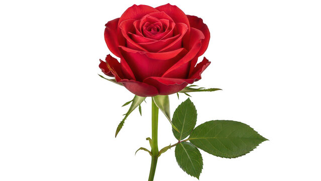 A vibrant red rose with green leaves and stem isolated on transparent background