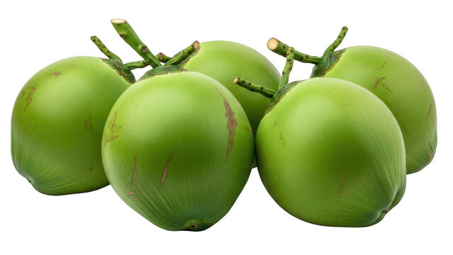 A cluster of young green coconuts with stems isolated on transparent background