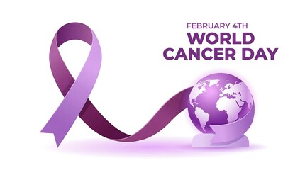 World Cancer Day on February 4th, featuring a purple awareness ribbon embracing a globe, symbolizing global solidarity and international fight against disease.