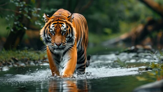4K Slow Motion Tiger Walking Through River Jungle Wildlife Nature Cinematic Footage