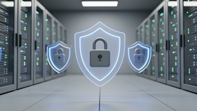 Digital security shields with padlocks in a server room data center