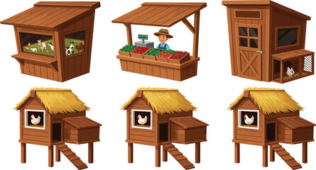 Farm scene with animal shelter, market stall, chicken coops, and rustic shed for agricultural, educational, and design illustration use © Yeasrin
