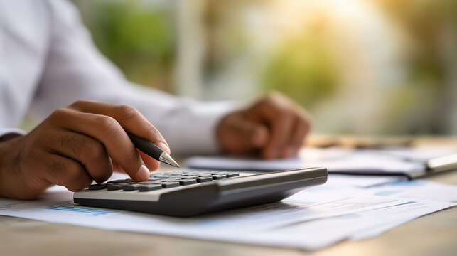 A professional accountant  preparing tax returns at a desk with a calculator and other tools of his profession, on the taxes season. Copy space on top. Concept: Taxes Season