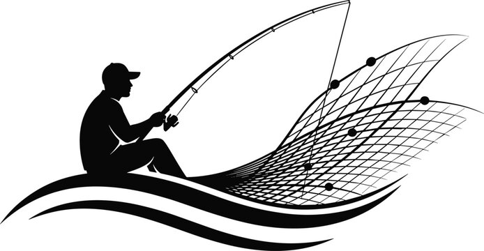 Stylized black-and-white illustration of person fishing into data grid, blending nature and technology in conceptual silhouette.