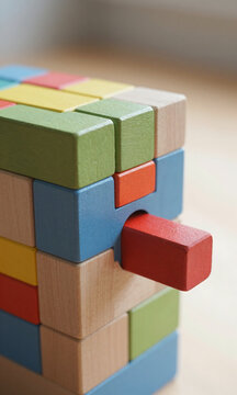 shot wooden puzzle colorful blocks transition phase blurred background soft natural
