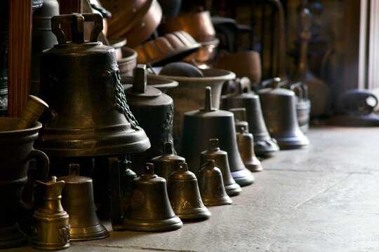 Traditional bronze bells displayed in Agnone, Italy, representing centuries of craftsmanship, foundry art, and cultural heritage