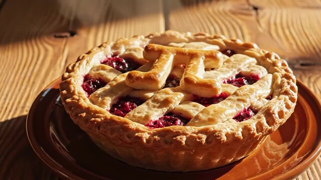 Closeup of cherry pie with pi symbol crust on wooden surface