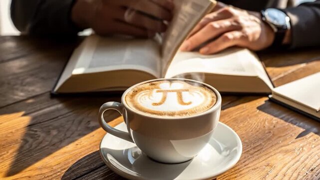 Man reading book with pi latte on wooden desk