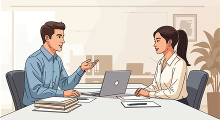 Fototapeta premium Business meeting between a man and a woman in an office setting