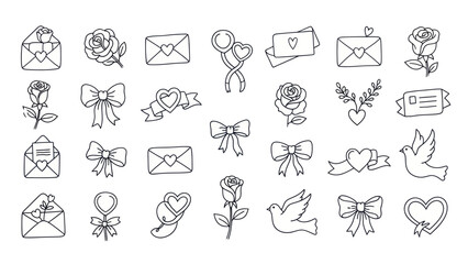 Fototapeta premium Hand-drawn romantic icons: hearts, roses, envelopes, bows, doves, balloons