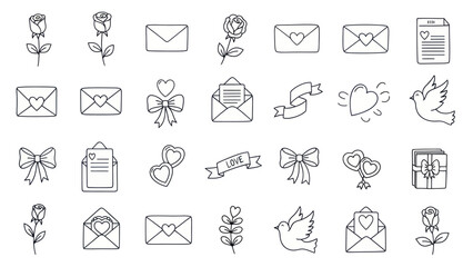 Fototapeta premium Hand-drawn Romantic Symbols: Roses, Envelopes, Hearts, Doves, Bows & Love Icons