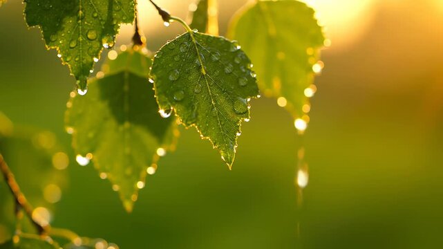 Fresh birch tree leaves glisten in the golden sunlight, adorned with shimmering water drops. A gentle summer rain falls on the vibrant green foliage, creating a stunning bokeh background
