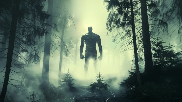 Mysterious Bigfoot Creature Walking in Foggy Dark Forest Cinematic 4K Slow Motion Video Footage