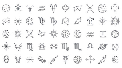 Obraz premium Hand-drawn Zodiac Constellations, Astrology Symbols, Celestial Icons Collection