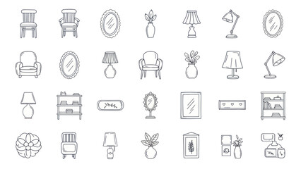 Home Decor Collection: Chairs, Lamps, Mirrors, Vases, Shelving - Line Art Icons