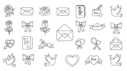 Fototapeta premium Love Icons Hand Drawn: Roses, Doves, Hearts, Envelopes, Ribbons, Bows, Notebook
