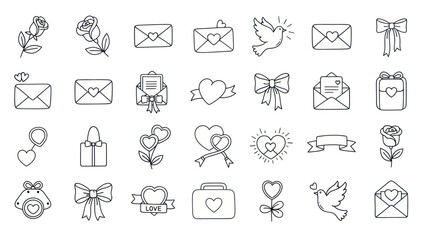 Fototapeta premium Love Icons Set: Hearts, Roses, Envelopes, Doves, Bows - Hand Drawn Sketch Style