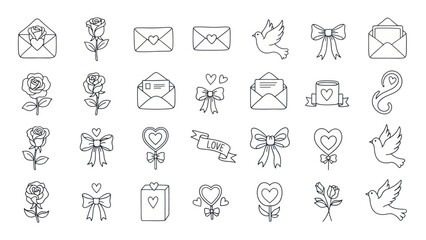 Fototapeta premium Love Icons Set: Roses, Envelopes, Hearts, Doves, Ribbons, Bows - Hand Drawn Style