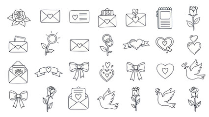 Fototapeta premium Love Letters, Hearts, Roses, Doves, and Ribbons Hand-Drawn Icon Set