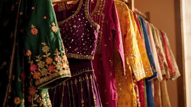 Exquisite array of vibrantly colored Indian saris and lehengas adorned with intricate embroidery, elegantly displayed in a lineup. Luxurious fabrics and captivating patterns available for purchase