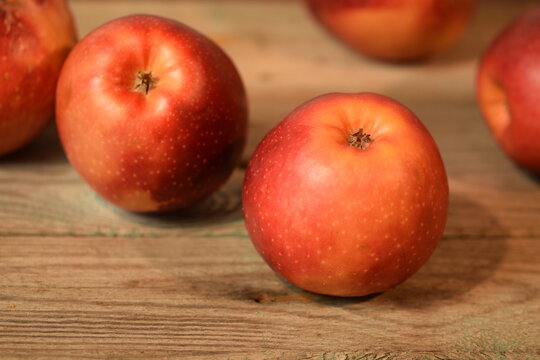 Baya Marisa apples on wooden background, red pulp and skin apples closeup, space for text.