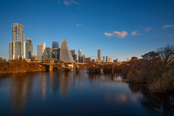 Fototapeta premium Austin Downtown modern office hub of world technology center business urban city landscape of skyscraper and travel destination park along the river and park in capital city of Texas, USA