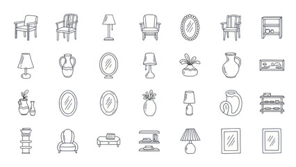 Hand-drawn furniture and home decor icons: chairs, lamps, mirrors, shelves, vases