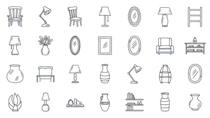 Fototapeta premium Hand-drawn Furniture and Home Decor Icons: Chairs, Lamps, Mirrors, Vases, Shelves