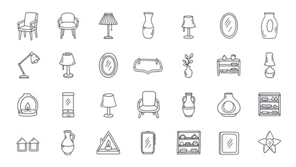 Hand-Drawn Furniture and Home Decor Icons Set: Chairs, Lamps, Vases, Mirrors, Shelves