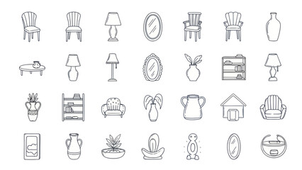 Fototapeta premium Hand-drawn furniture and home decor icons set: chairs, lamps, vases, mirrors, tables, shelves
