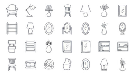 Fototapeta premium Hand-drawn furniture and home decor icons set, vector illustration