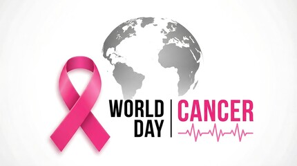 Global World Cancer Day awareness with a vibrant pink ribbon and heartbeat line on a white background.