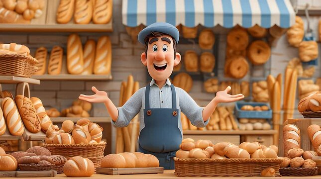 A cheerful baker stands behind a counter filled with various types of bread