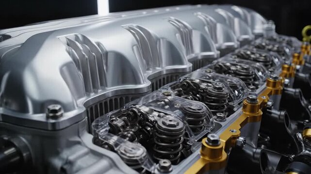 High-performance V12 engine with polished aluminum cam covers and visible titanium hardware