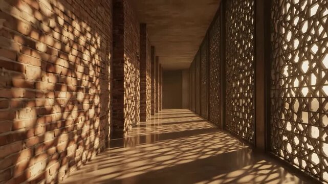 Long corridor with intricate latticework and sunlight shadows
