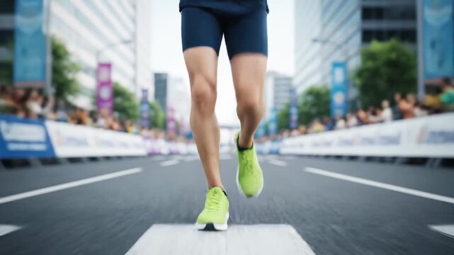 Up close shot of a runner's legs pounding the pavement in a city marathon, with a line of enthusiastic onlookers cheering them on from the sidelines