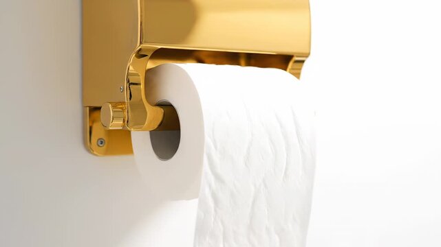 Elegant gold toilet paper holder showcasing a white roll in motion. The sleek, contemporary design is affixed to a white wall, symbolizing deluxe style
