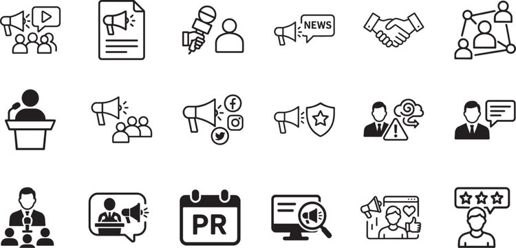 Professional public relations icon set, outline style, ideal for communication, media, and business.