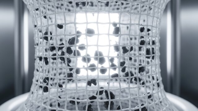 Abstract Filtration System with Dark Particles Trapped by White Mesh Filter.