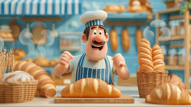 A cheerful baker wearing a blue-and-white striped apron and hat stands triumphantly in a bakery surrounded by various types of bread