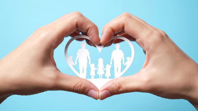 On a blue backdrop, two women's hands are coming together to create a heart shape. Inside the heart shape is a paper cutout displaying a happy gay couple with their children