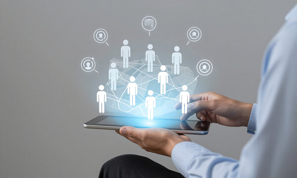 seated businessman holds sleek holographic display projecting map target audience personas integrated crm symbols