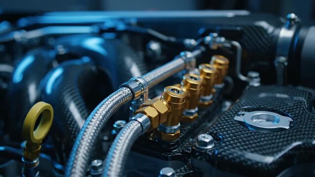 Close-up tracking shot of a V12 engine's fuel rail assembly with braided lines and gold injector caps