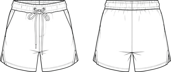 Fototapeta premium Athletic shorts fashion template, front and back view, activewear apparel mockup for sportswear designers, drawstring elastic waist running shorts illustration