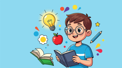 Young student reading book with illustration elements of learning