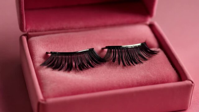 Closeup of false eyelash set in pink box showing beauty makeup accessory on soft pink background with elegant lighting for glamorous look